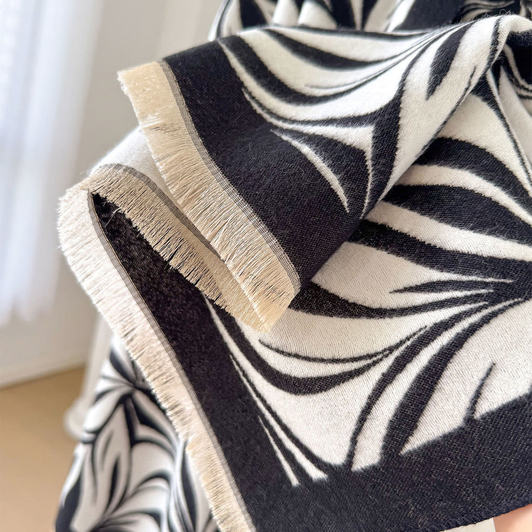 Women's Winter Stylish Leaf Pattern Black White Shawl Scarf - image 2