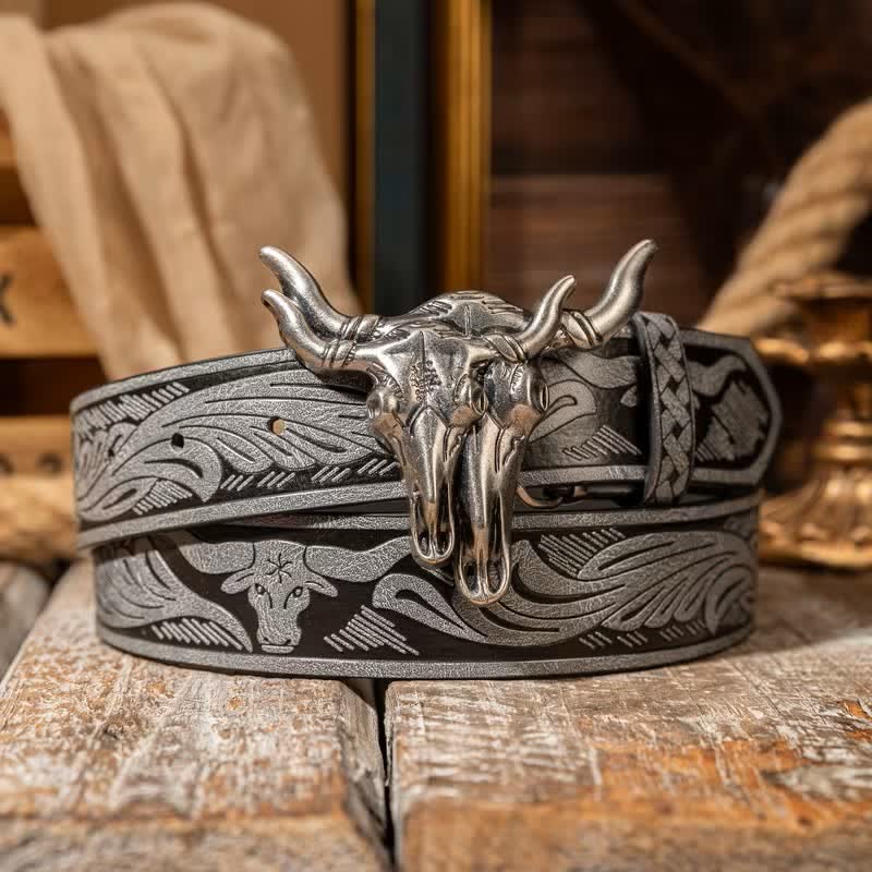 Double Bull Heads Western Embossed Leather Belt - Gray / Silver - 38 - image 6
