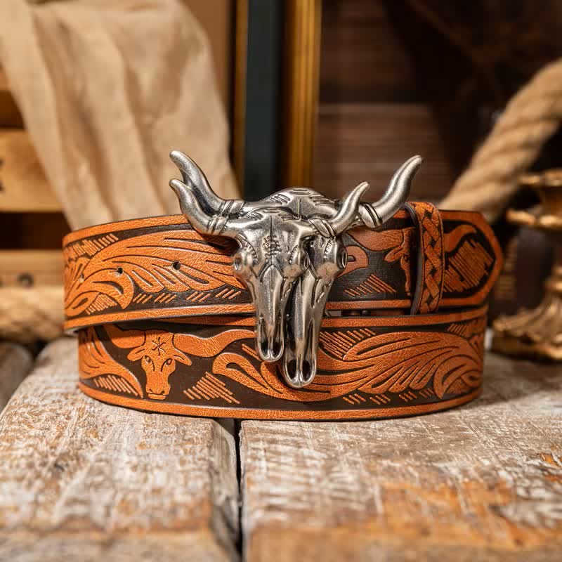 Double Bull Heads Western Embossed Leather Belt - Orange / Silver - 38 - image 4