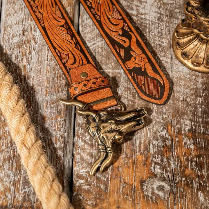 Double Bull Heads Western Embossed Leather Belt - image 3