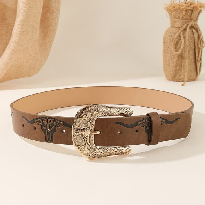 Bold Embossed Longhorn Bull Head Pattern Leather Belt - image 6