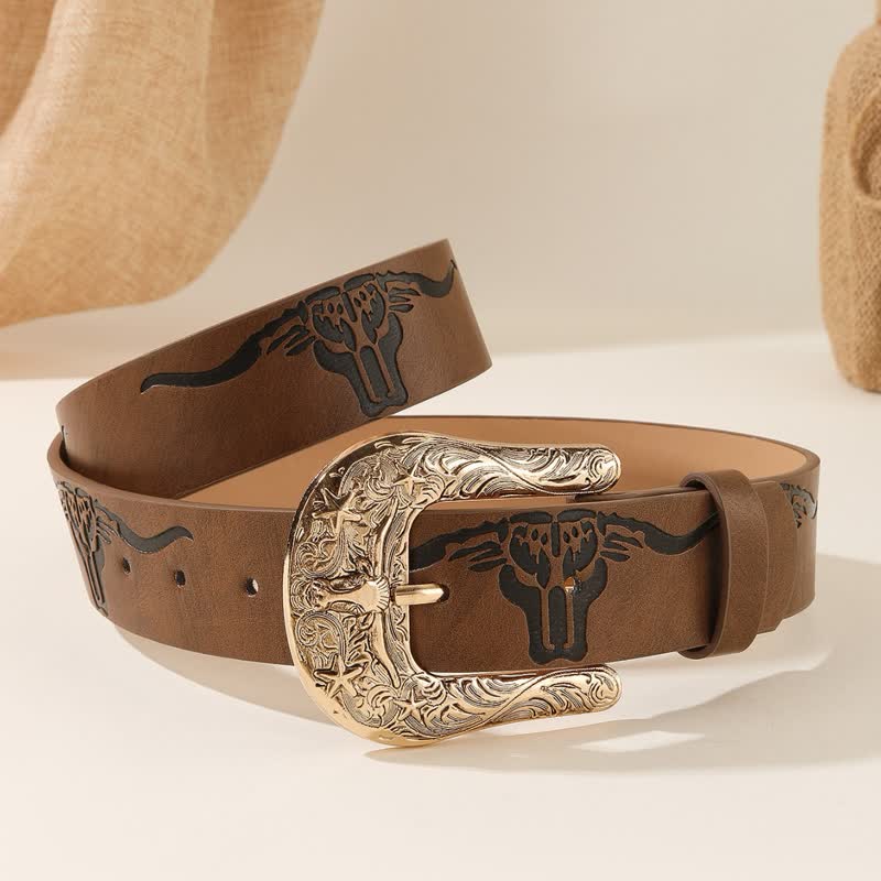Bold Embossed Longhorn Bull Head Pattern Leather Belt - Caramel - 42 - image 4
