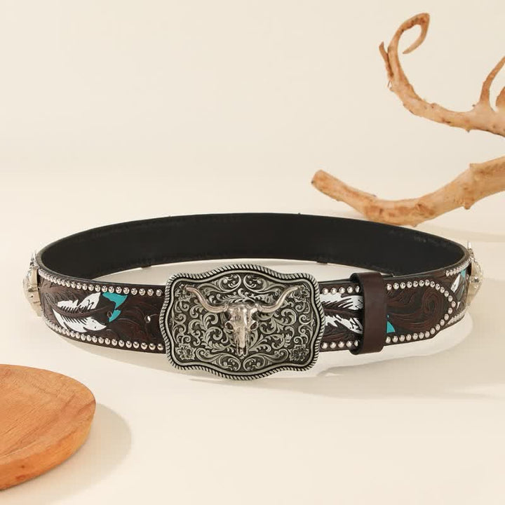 Bull-Shaped Rivet Feather Pattern Embossed Leather Belt - image 2