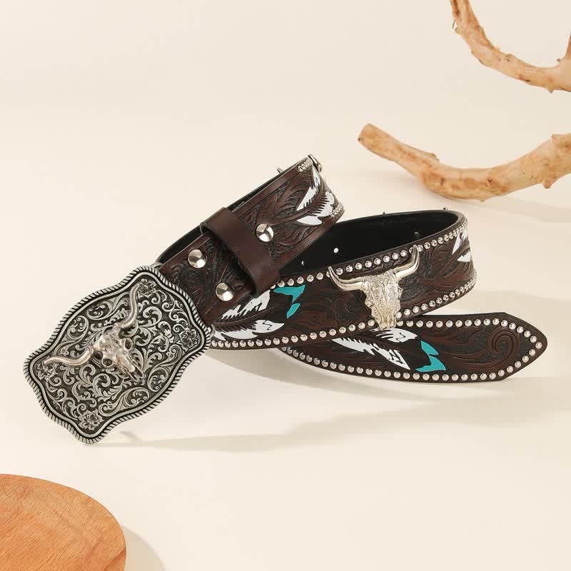Bull-Shaped Rivet Feather Pattern Embossed Leather Belt - image 1
