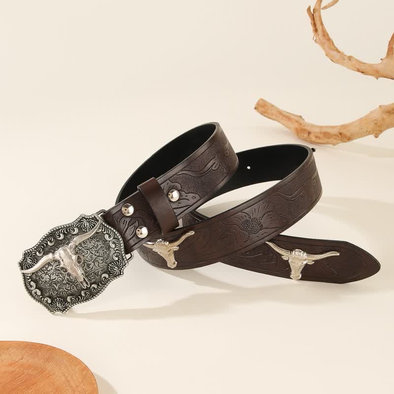 Western Charming Bull-Shaped Rivet Leather Belt - image 1