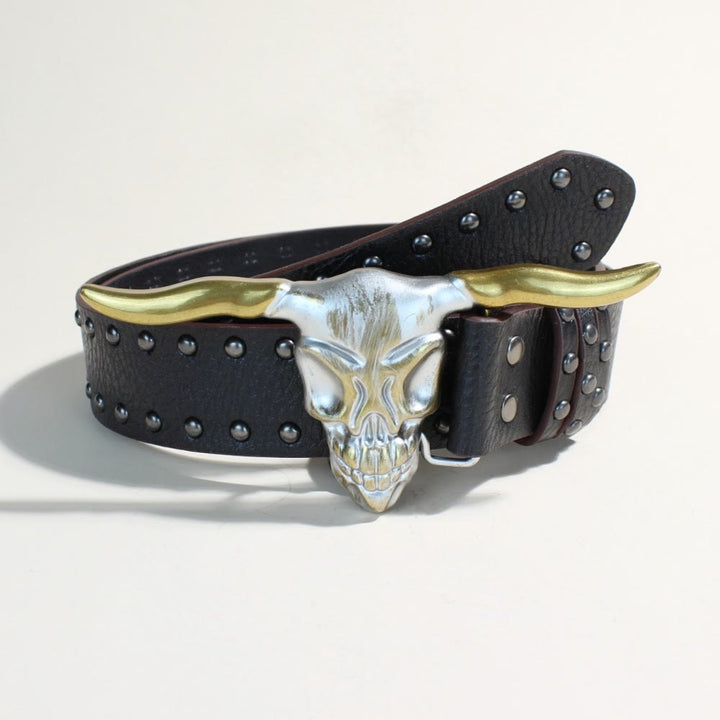 Men's Western Style Golden Longhorn Bull Head Buckle Rivet Belt - Golden Longhorn Bull Head - Black Rivets - 34 - image 0