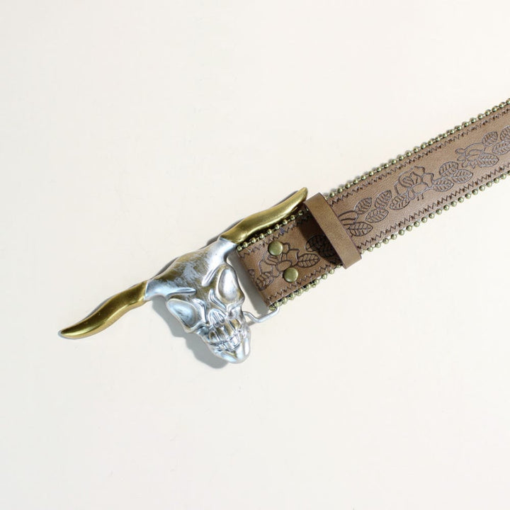 Men's Western Style Golden Longhorn Bull Head Buckle Rivet Belt - image 6