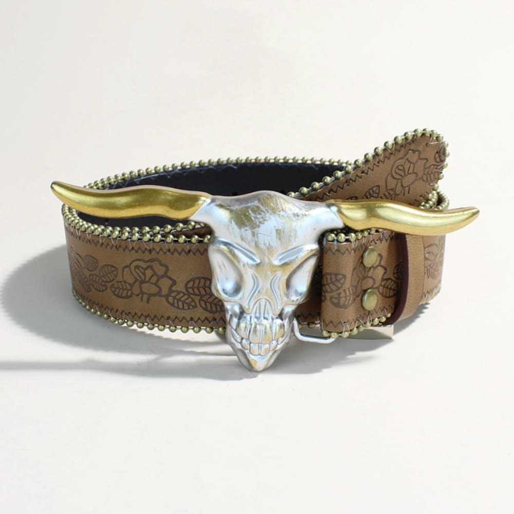 Men's Western Style Golden Longhorn Bull Head Buckle Rivet Belt - Golden Longhorn Bull Head - Brown Print - 34 - image 4