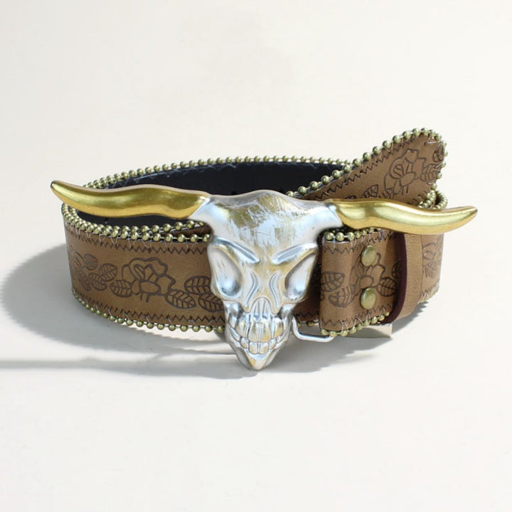 Men's Western Style Golden Longhorn Bull Head Buckle Rivet Belt - Golden Longhorn Bull Head - Brown Print - 34 - image 4