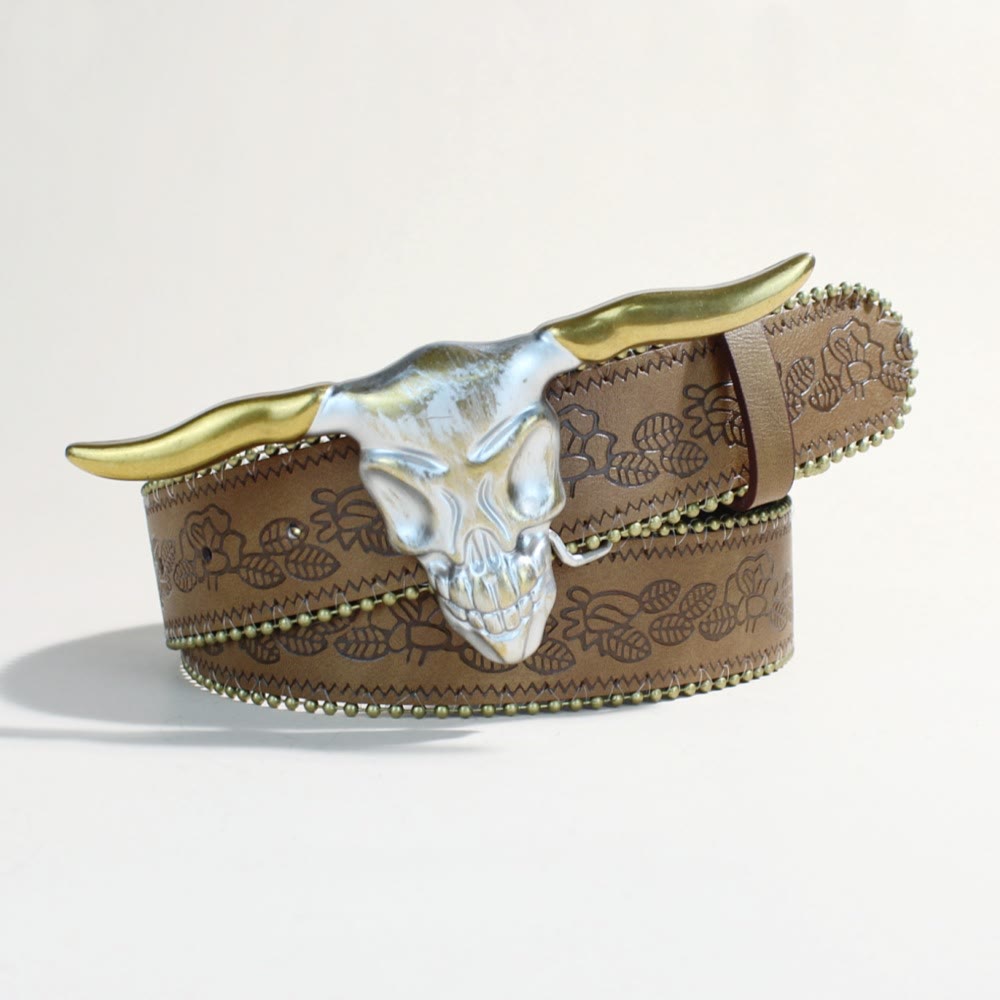 Men's Western Style Golden Longhorn Bull Head Buckle Rivet Belt - image 5