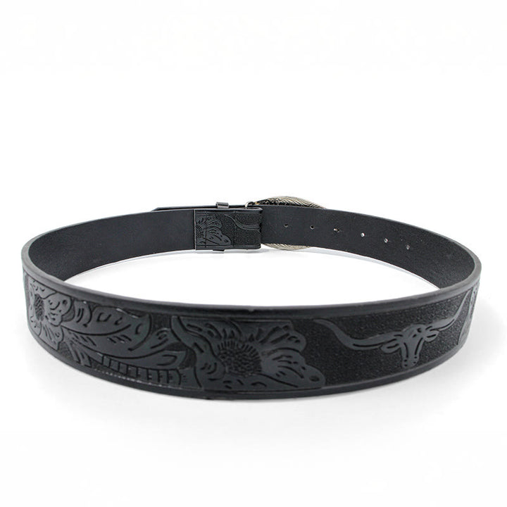 Men's Golden Bull Head Pattern Buckle Black Carved Belt - image 2