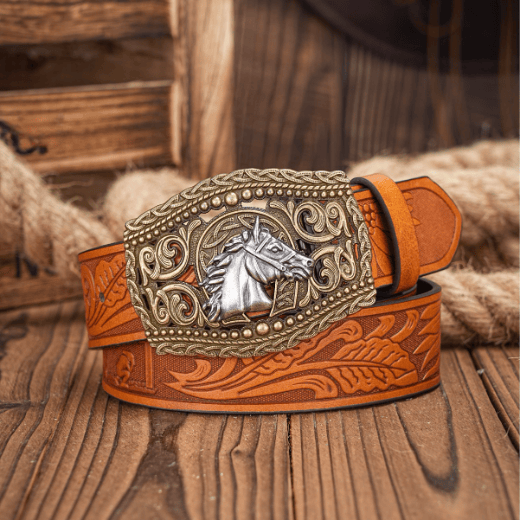 Men's Silver Horse Head Hollow Buckle Carved Belt - Silver Horse Head - Camel - 38 - image 0