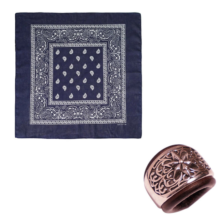 Hexagram Round Button Cashew Printed Pocket Square - Brown Buckle - Navy Blue - image 2