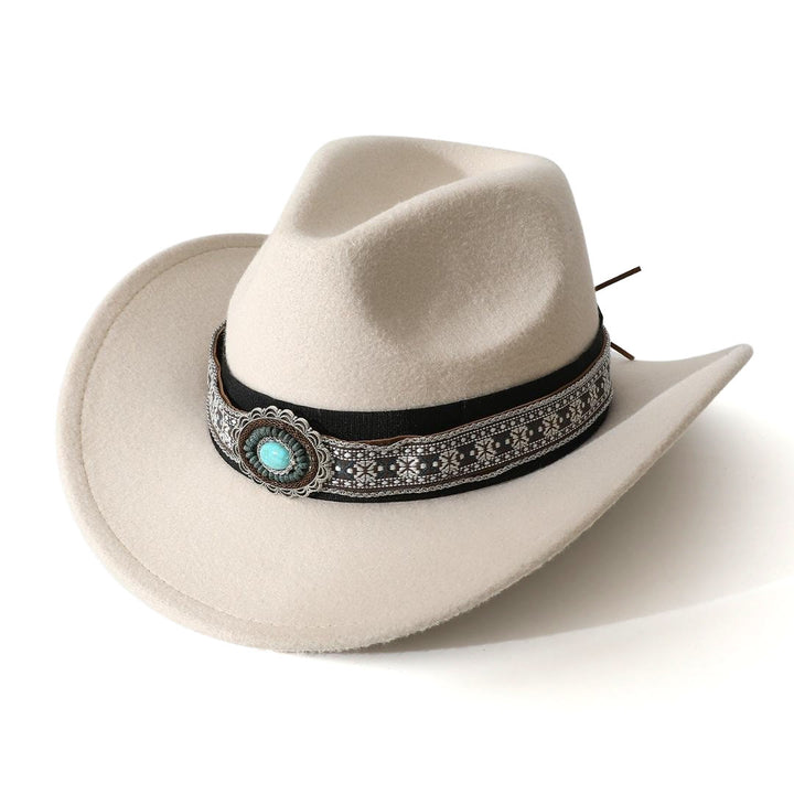 Men's Western Style Turquoise Patterned Brim Belt Cowboy Hat - White - M (22"-22 7/8") - image 5