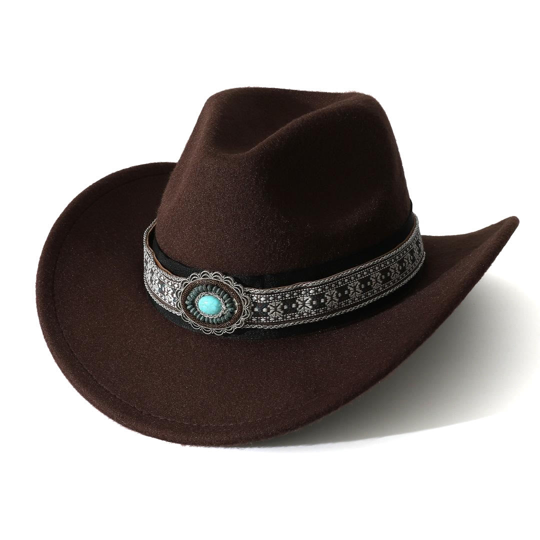 Men's Western Style Turquoise Patterned Brim Belt Cowboy Hat - Coffee - M (22"-22 7/8") - image 2