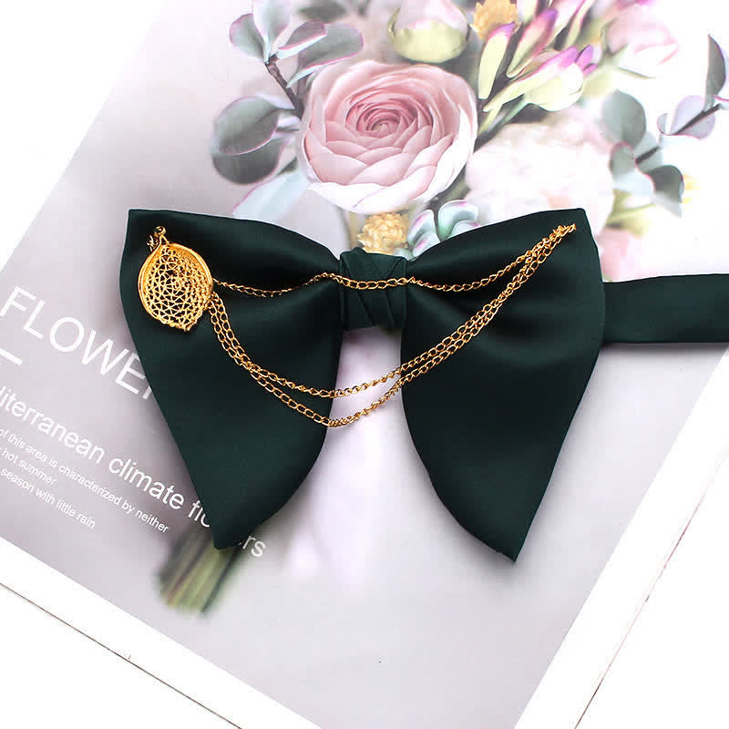 Gold Leaf Decor Oversized Pointed Bow Tie With Chain - Dark Green - image 10