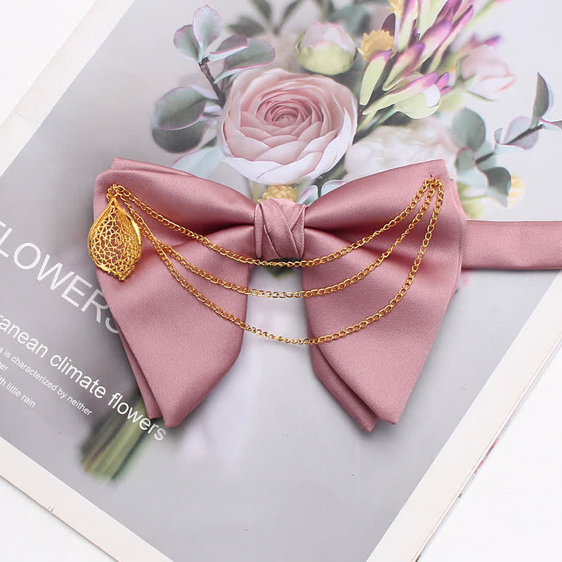 Gold Leaf Decor Oversized Pointed Bow Tie With Chain - Pink - image 8