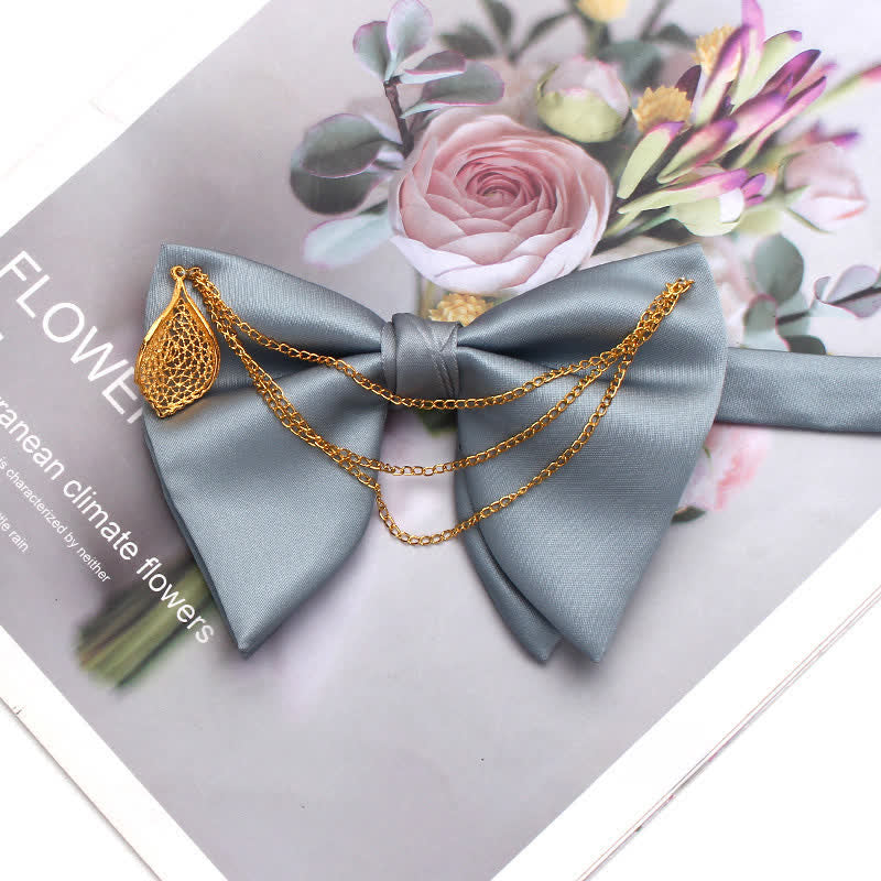 Gold Leaf Decor Oversized Pointed Bow Tie With Chain - Gray - image 7