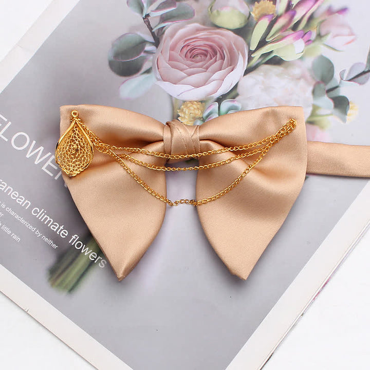 Gold Leaf Decor Oversized Pointed Bow Tie With Chain - Champagne - image 6
