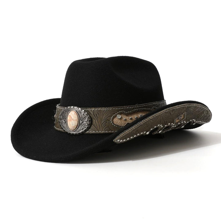 Men's Textured Stone Rivet Patterned Brim Belt Cowboy Hat - Black - M (22"-22 7/8") - image 7