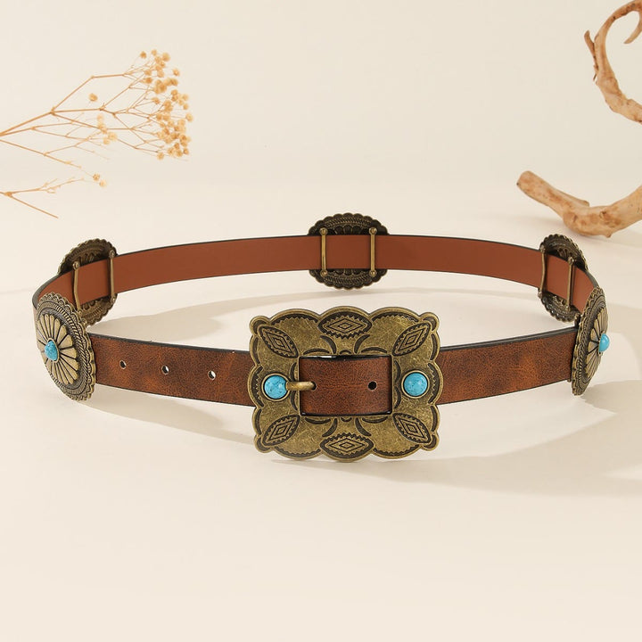 Women's Square Bronze Buckle Round Patterned Turquoise Belt - image 2