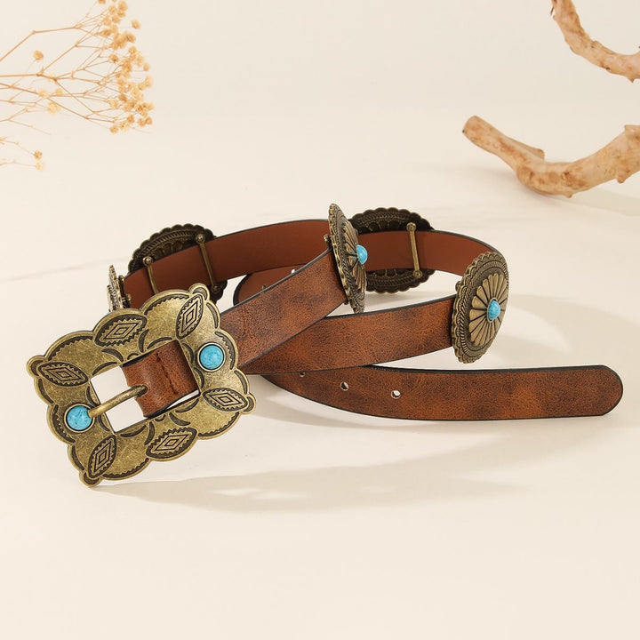 Women's Square Bronze Buckle Round Patterned Turquoise Belt - image 3