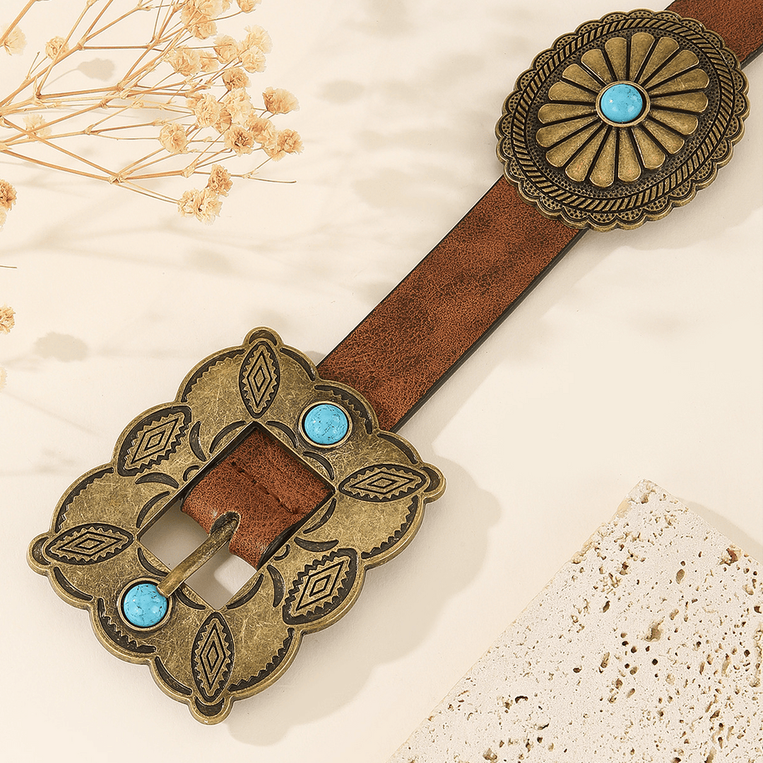 Women's Square Bronze Buckle Round Patterned Turquoise Belt - image 1