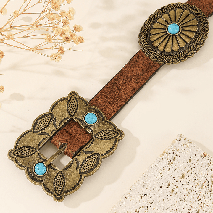 Women's Square Bronze Buckle Round Patterned Turquoise Belt - image 1