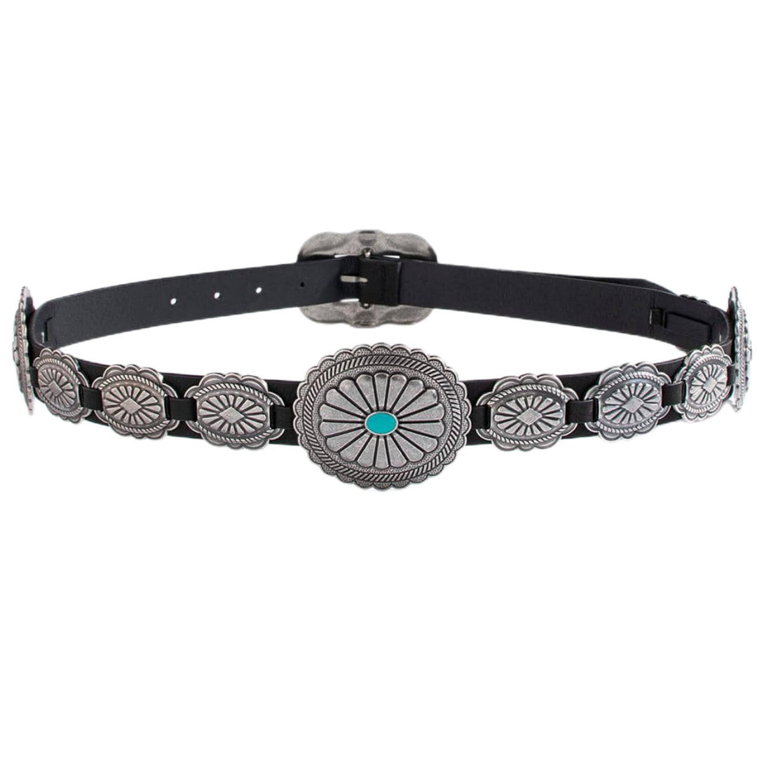 Women's Silver Patterned Turquoise Buckle Belt - Black - 34 - image 0