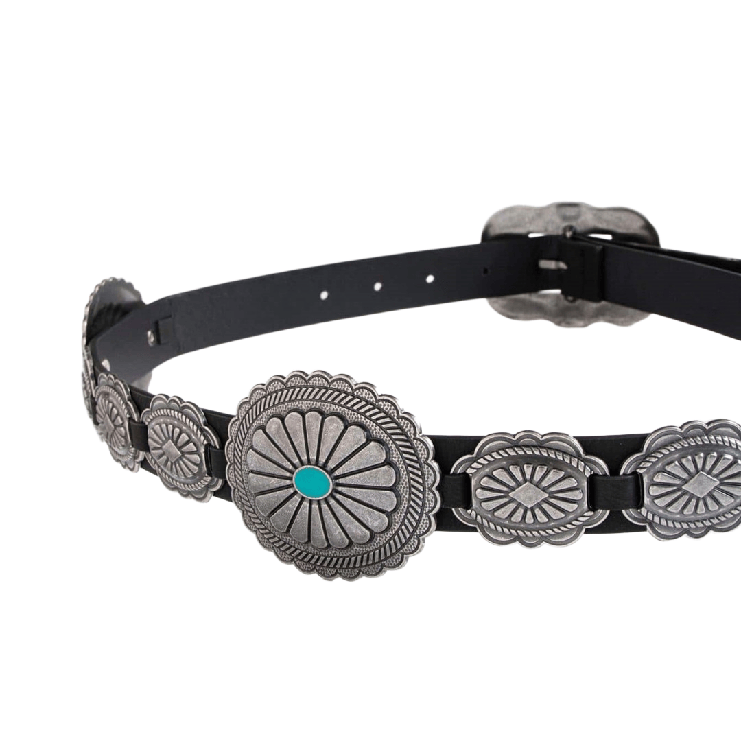 Women's Silver Patterned Turquoise Buckle Belt - image 3