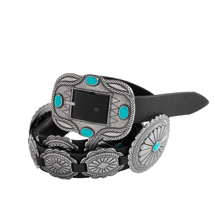 Women's Silver Patterned Turquoise Buckle Belt - image 2