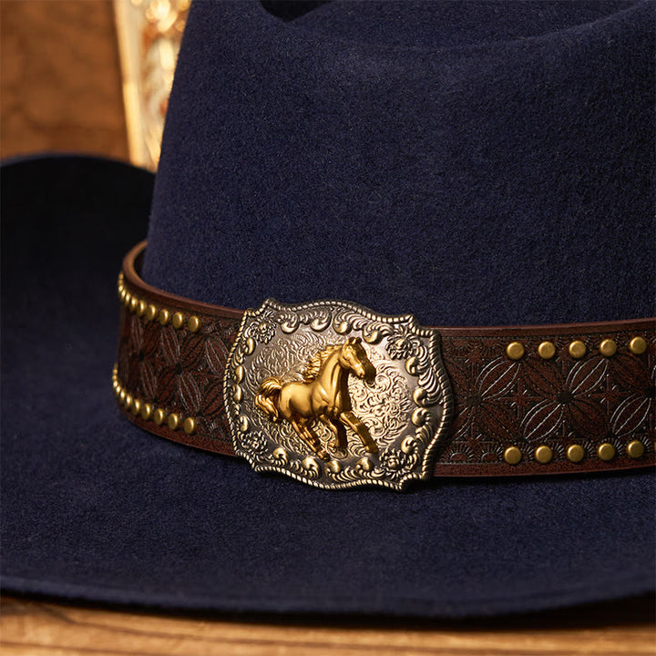 Men's Golden Horse Buckle Brim Rivet Belt Cowboy Hat - image 5