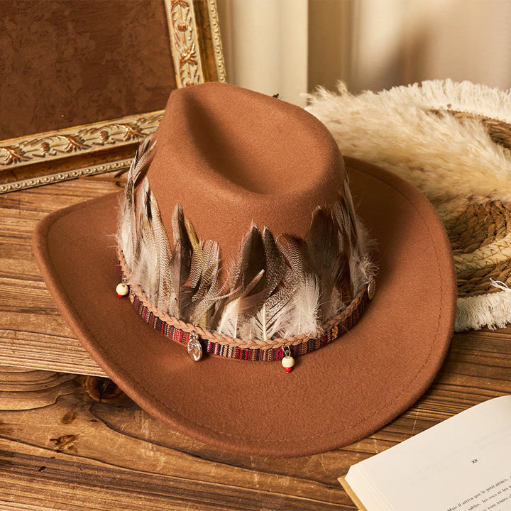Men's Feather Woven Brim Belt Cowboy Hat - image 1