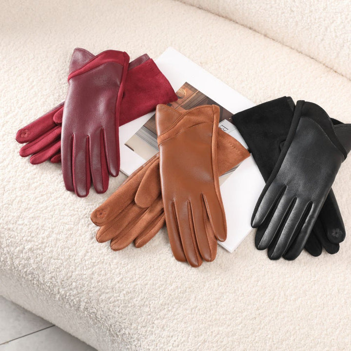 Women's Winter Keep Warm Splicing Design Leather Gloves - image 1