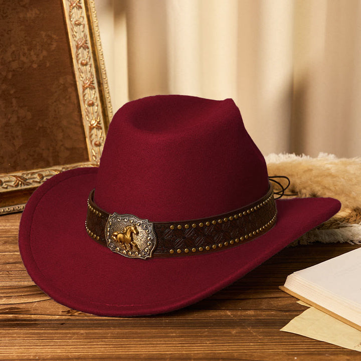 Men's Golden Horse Buckle Brim Rivet Belt Cowboy Hat - Wine - M (22"-22 7/8") - image 8