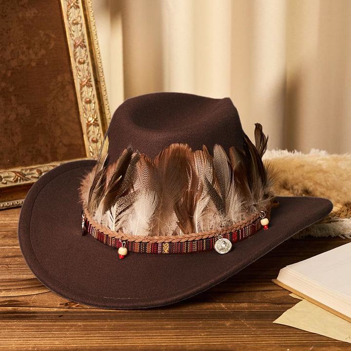 Men's Feather Woven Brim Belt Cowboy Hat - Coffee - M (22"-22 7/8") - image 7