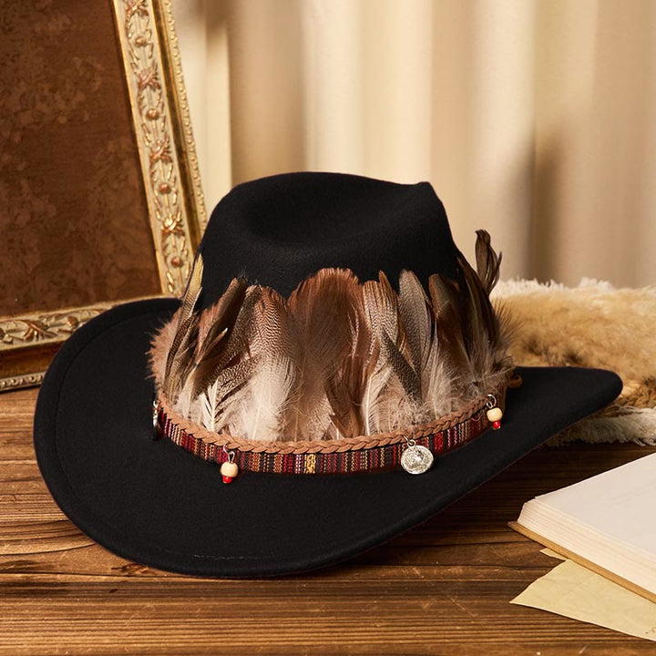 Men's Feather Woven Brim Belt Cowboy Hat - Black - M (22"-22 7/8") - image 6