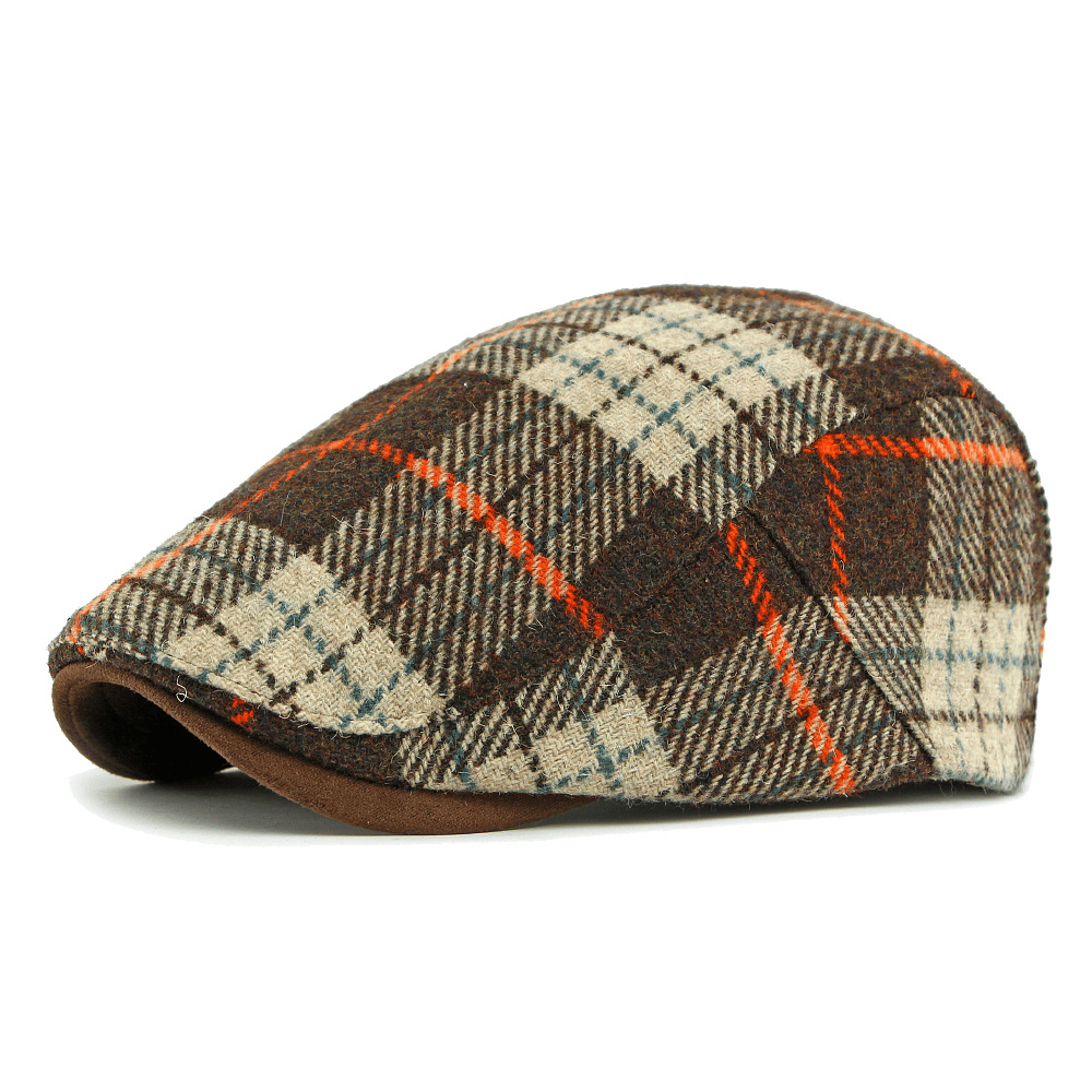 Winter Vintage Plaid Pattern Men's Beret Hat - Coffee Brown - Adjustable(21 5/8"-23 1/4") - image 1