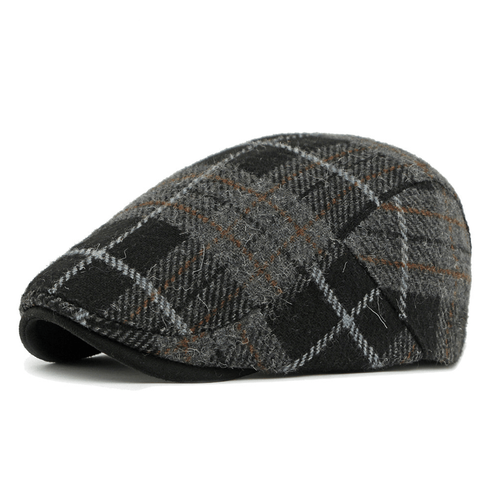 Winter Vintage Plaid Pattern Men's Beret Hat - Black - Adjustable(21 5/8"-23 1/4") - image 3