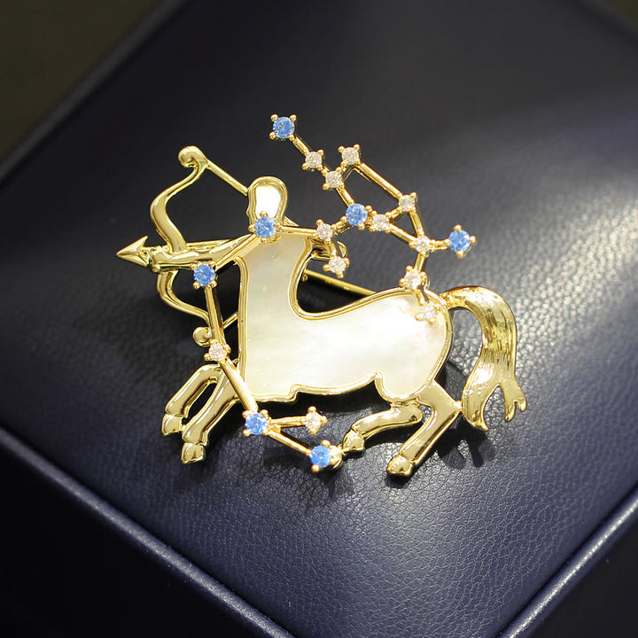 12 Constellation Mother-of-Pearl & Blue Crystal Gold Brooch - image 17