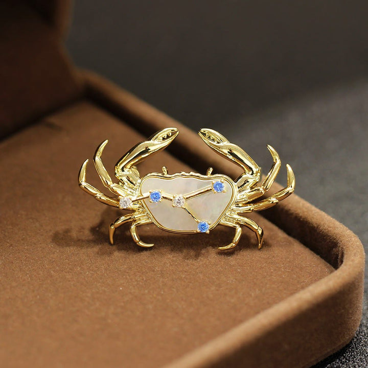 12 Constellation Mother-of-Pearl & Blue Crystal Gold Brooch - Cancer - image 6