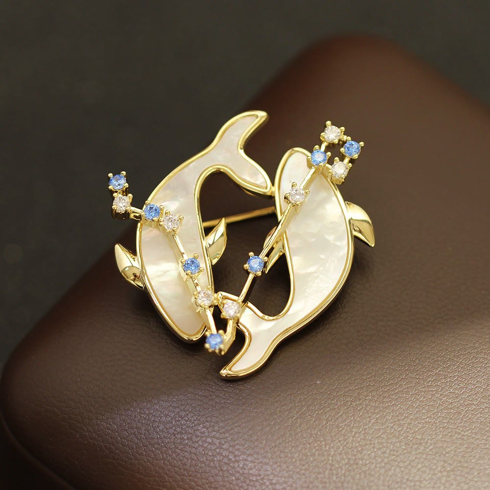 12 Constellation Mother-of-Pearl & Blue Crystal Gold Brooch - image 22