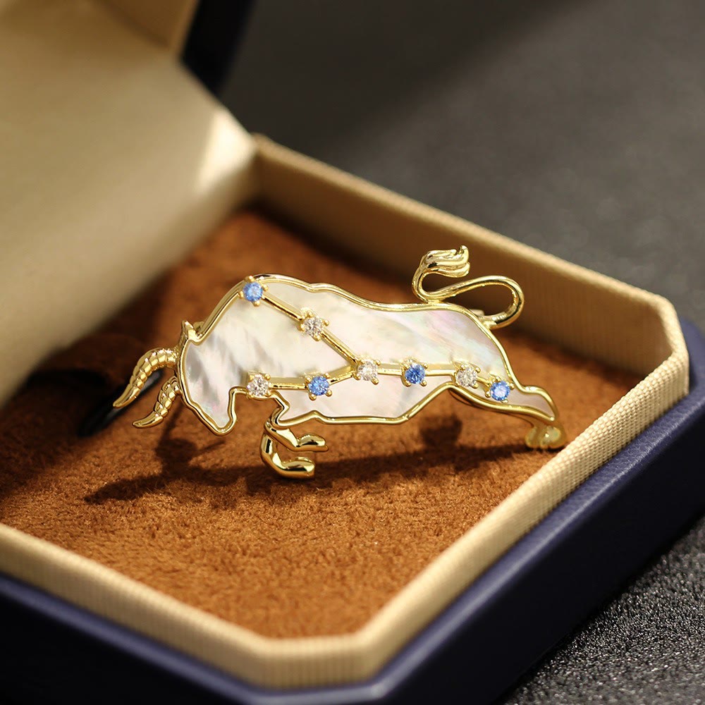 12 Constellation Mother-of-Pearl & Blue Crystal Gold Brooch - Taurus - image 2