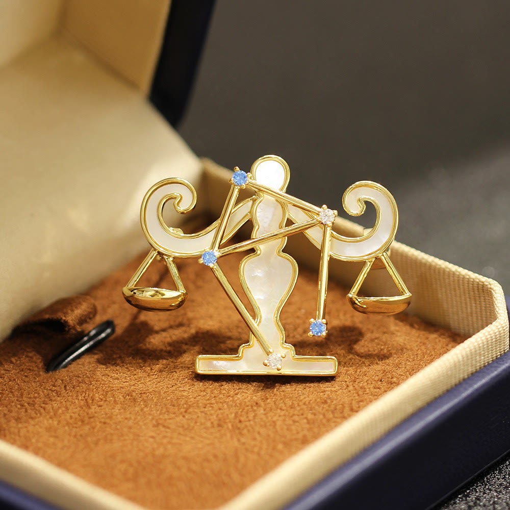 12 Constellation Mother-of-Pearl & Blue Crystal Gold Brooch - Libra - image 12