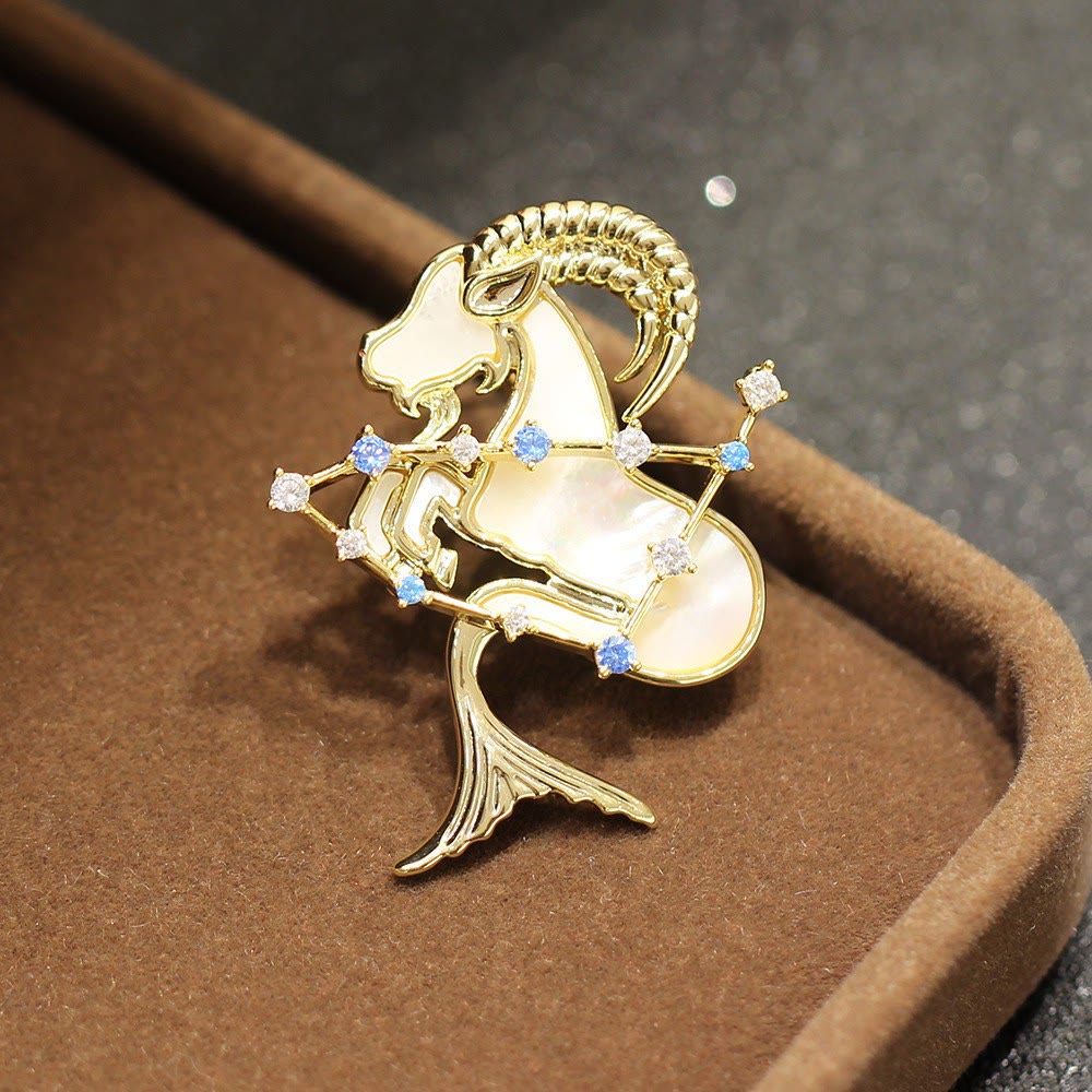 12 Constellation Mother-of-Pearl & Blue Crystal Gold Brooch - Capricorn - image 18