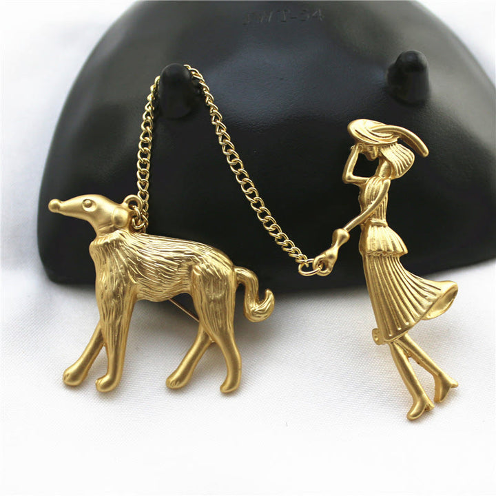 Lady and Hound Gold Chain Brooch - image 0