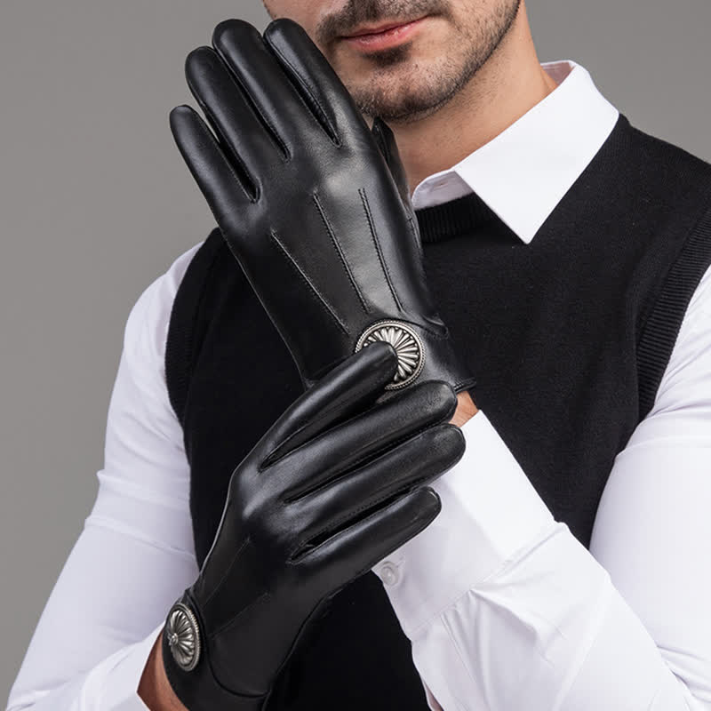 Men's Black Vintage Metal Emblem Genuine Leather Gloves - Black - XL - image 0
