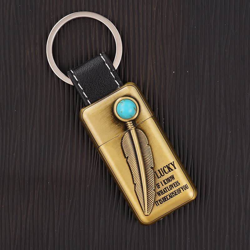 Turquoise Feather Inflatable Butane Lighter Keychain - Bronze - image 1