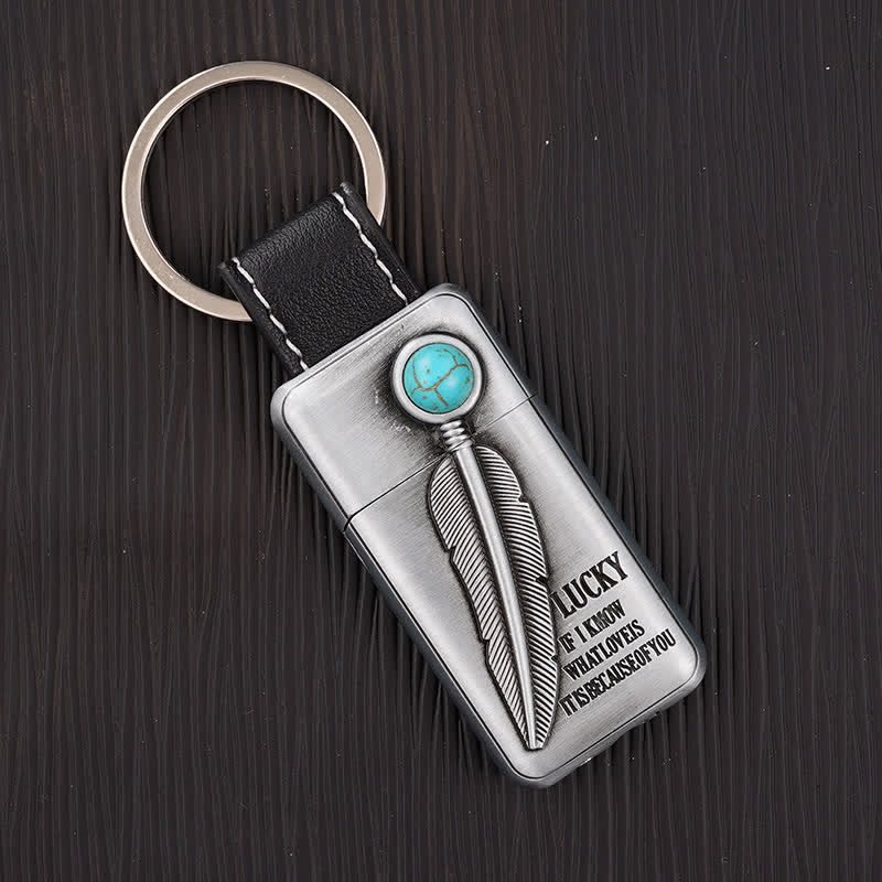 Turquoise Feather Inflatable Butane Lighter Keychain - Antique Silver - image 4
