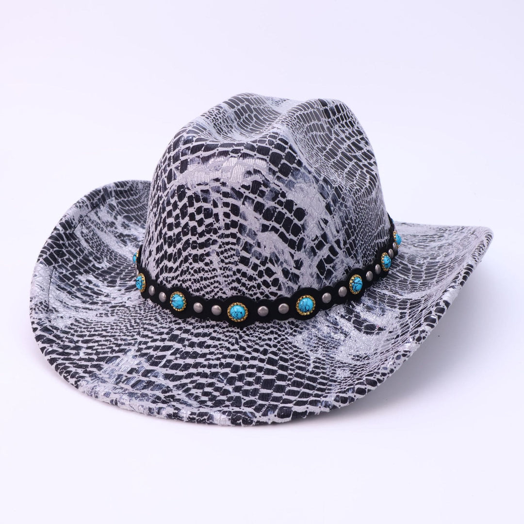 Men's Turquoise Black Belt Crocodile Pattern Cowboy Hat - Silver - M (22"-22 7/8") - image 7
